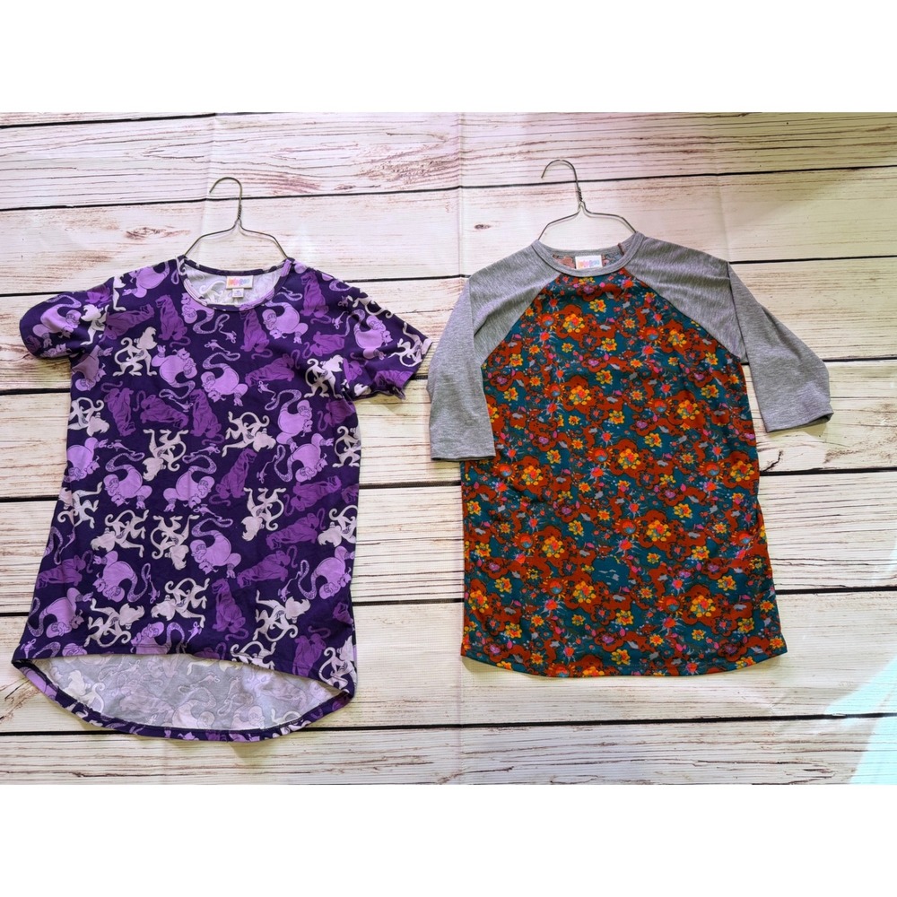 LuLaRoe Kids Size 10 Bundle Disney Aladdin Genie Purple Tunic Floral Raglan Tops